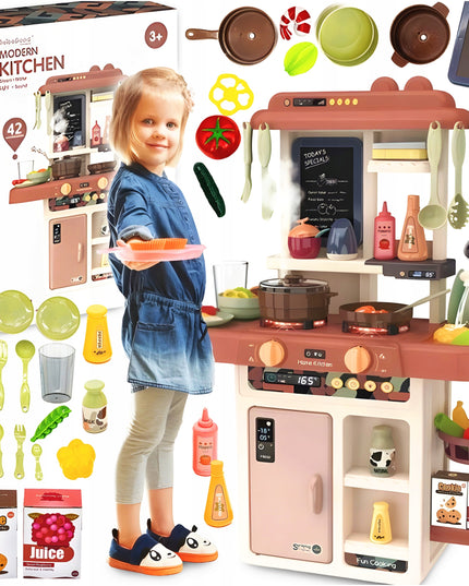 Interaktyvi Vaikiška Virtuvė su Vandens Čiaupu, Garu, Garintuvais ir 42 Priedais