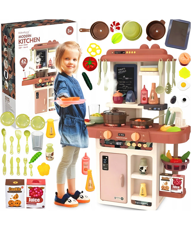 Interaktyvi Vaikiška Virtuvė su Vandens Čiaupu, Garu, Garintuvais ir 42 Priedais
