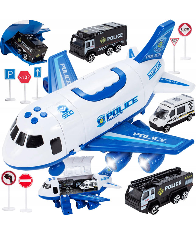 Interaktyvus policijos lėktuvas su transporto priemonėmis, atidaromas oro uosto rinkinys