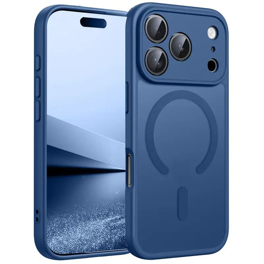 iPhone 17, 17 Air, 17 Pro, 17 Pro Max dėklas mėlynos spalvos matinis su magnetine danga ir pilna kameros apsauga