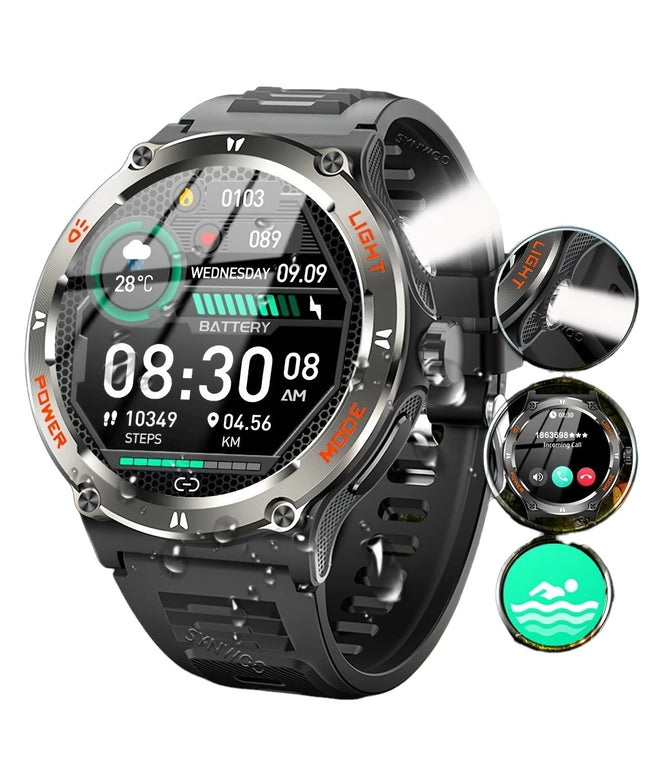 Išmanusis laikrodis vyrams, atsparus vandeniui, smūgiams, dulkėms, su sporto režimais, žingsniamačiu ir streso matavimu