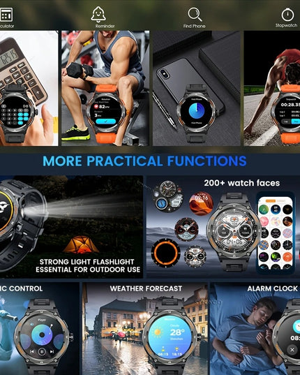 Išmanusis laikrodis vyrams, atsparus vandeniui, smūgiams, dulkėms, su sporto režimais, žingsniamačiu ir streso matavimu