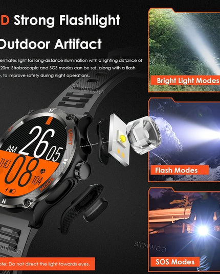 Išmanusis laikrodis vyrams, atsparus vandeniui, smūgiams, dulkėms, su sporto režimais, žingsniamačiu ir streso matavimu