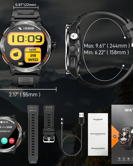 Išmanusis laikrodis vyrams, atsparus vandeniui, smūgiams, dulkėms, su sporto režimais, žingsniamačiu ir streso matavimu