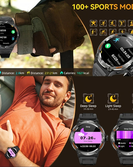 Išmanusis laikrodis vyrams, atsparus vandeniui, smūgiams, dulkėms, su sporto režimais, žingsniamačiu ir streso matavimu