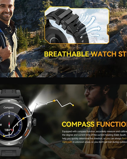 Išmanusis laikrodis vyrams, atsparus vandeniui, smūgiams, dulkėms, su sporto režimais, žingsniamačiu ir streso matavimu