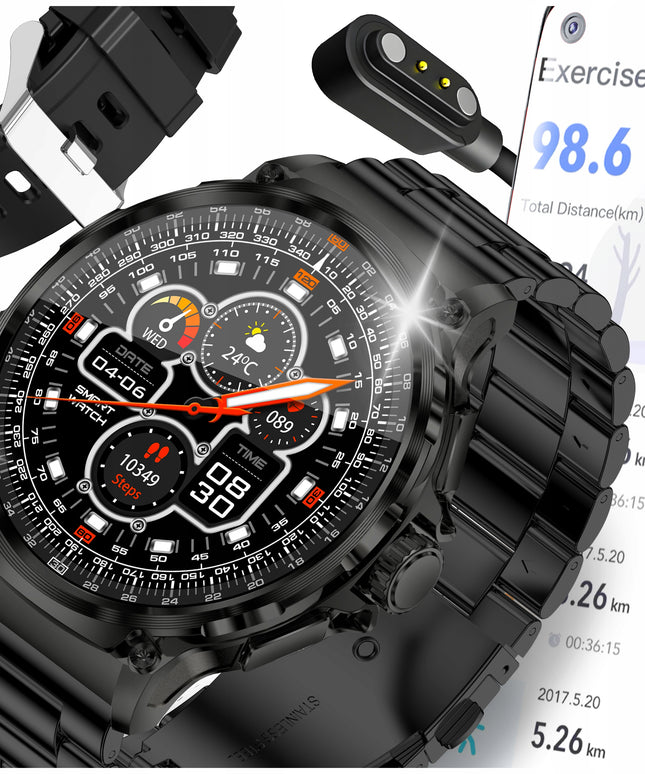 Elegantiškas išmanusis laikrodis vyrams – skambinimas, pranešimai, 710 mAh baterija, 2 dirželiai komplekte