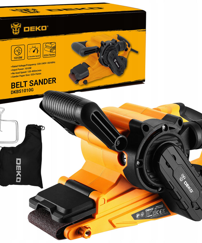 Juostinis šlifuoklis DEKO DKBS1010G 1010W su reguliuojamu greičiu, dulkių surinkimu, spaustuvais ir V diržu
