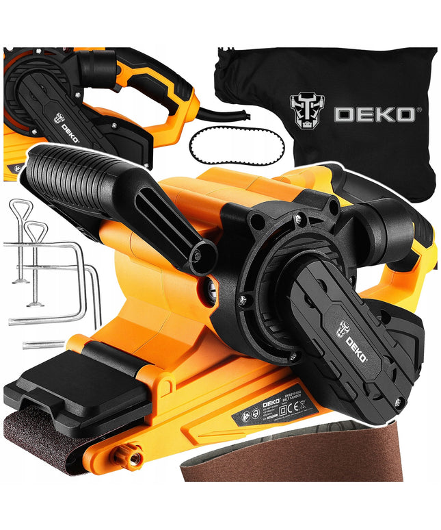 Juostinis šlifuoklis DEKO DKBS1010G 1010W su reguliuojamu greičiu, dulkių surinkimu, spaustuvais ir V diržu
