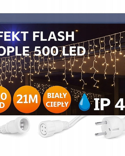 Kalėdiniai LED varvekliai 500 lemputės 23 m šiltai balti su šaltai balto FLASH efektu lauko ir vidaus dekoracijoms