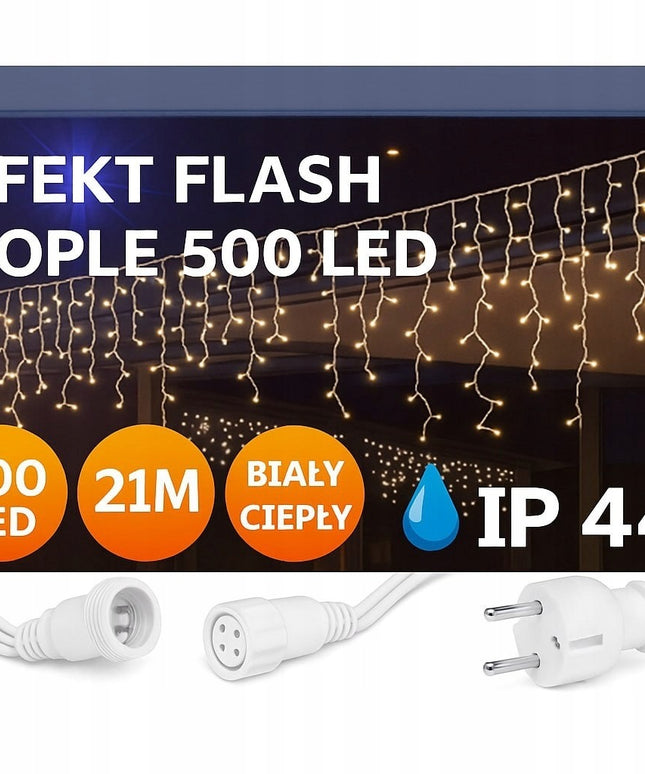 Kalėdiniai LED varvekliai 500 lemputės 23 m šiltai balti su šaltai balto FLASH efektu lauko ir vidaus dekoracijoms