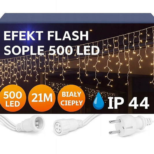 Kalėdiniai LED varvekliai 500 lemputės 23 m šiltai balti su šaltai balto FLASH efektu lauko ir vidaus dekoracijoms