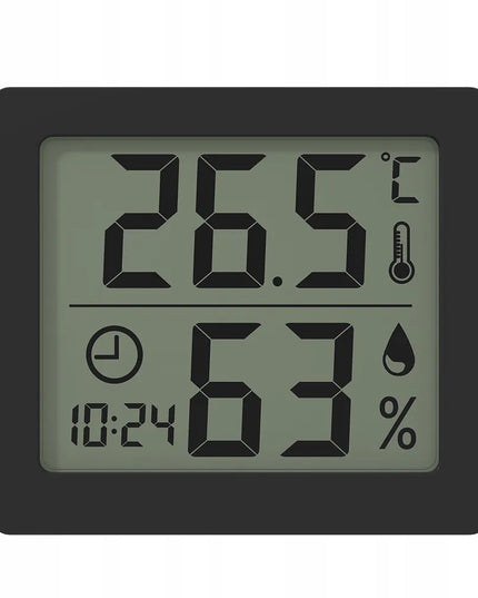 Kambario termohigrometras su laikrodžiu ir drėgmės matuokliu, juodas