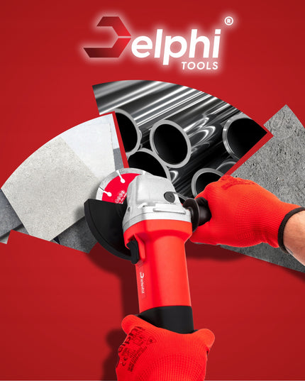 Kampinis šlifuoklis Delphi Tools 1500W su greičio reguliavimu, 125 mm diskais, lagaminu ir pilnu priedų komplektu