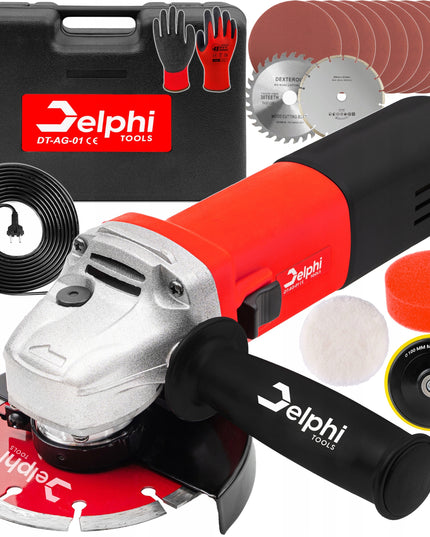 Kampinis šlifuoklis Delphi Tools 1500W su greičio reguliavimu, 125 mm diskais, lagaminu ir pilnu priedų komplektu