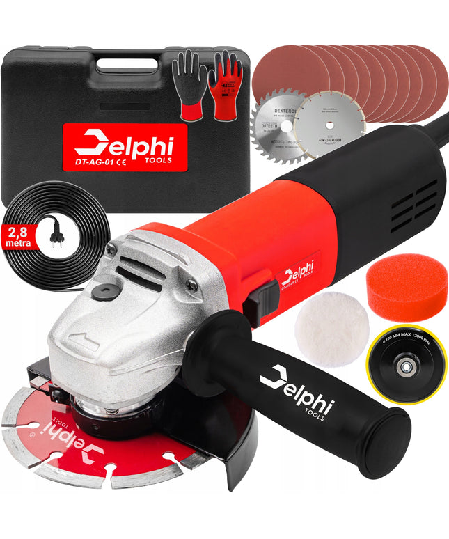 Kampinis šlifuoklis Delphi Tools 1500W su greičio reguliavimu, 125 mm diskais, lagaminu ir pilnu priedų komplektu