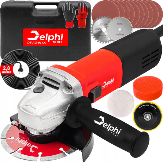 Kampinis šlifuoklis Delphi Tools 1500W su greičio reguliavimu, 125 mm diskais, lagaminu ir pilnu priedų komplektu