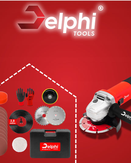 Kampinis šlifuoklis Delphi Tools 1500W su greičio reguliavimu, 125 mm diskais, lagaminu ir pilnu priedų komplektu