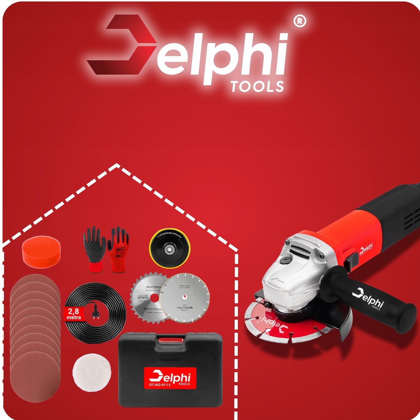 Kampinis šlifuoklis Delphi Tools 1500W su greičio reguliavimu, 125 mm diskais, lagaminu ir pilnu priedų komplektu