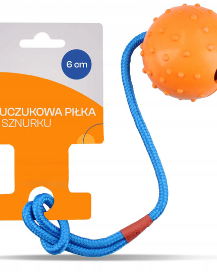 Kamuolinis žaislas šunims 6 cm, virvė, kramtukas, tvirtas laikiklis, aportavimui