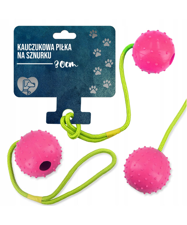 Kamuolinis žaislas šunims 7 cm su virve – tvirtas kramtukas ir žaislas traukimui