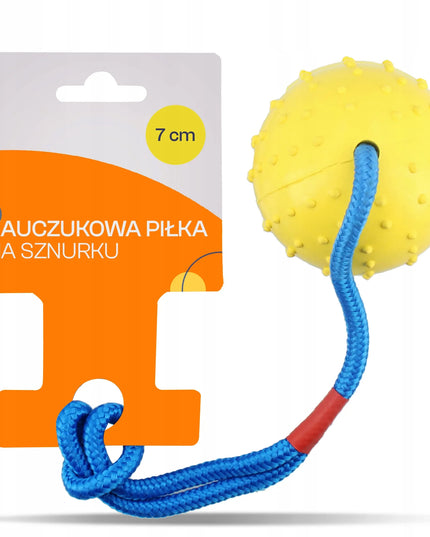Kamuolinis žaislas šunims 7 cm su virve – tvirtas kramtukas ir žaislas traukimui