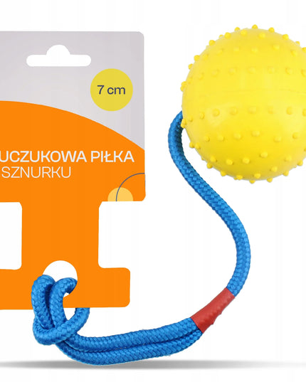 Kamuolinis žaislas šunims 7 cm su virve – tvirtas kramtukas ir žaislas traukimui