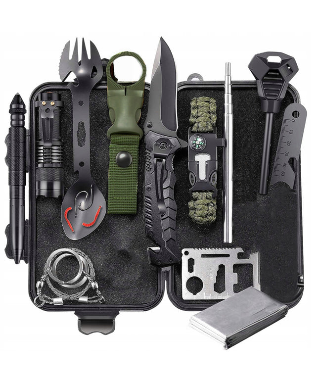 Karinis išgyvenimo rinkinys 32in1 survival komplektas su peiliu, krzesiuvu, kompasu ir žibintuvėliu stovyklavimui žvejybai medžioklei