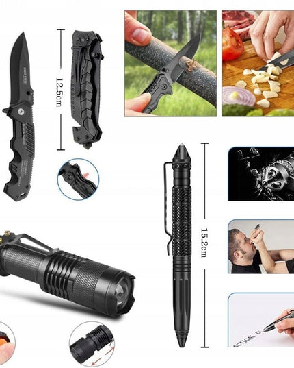 Karinis išgyvenimo rinkinys 32in1 survival komplektas su peiliu, krzesiuvu, kompasu ir žibintuvėliu stovyklavimui žvejybai medžioklei