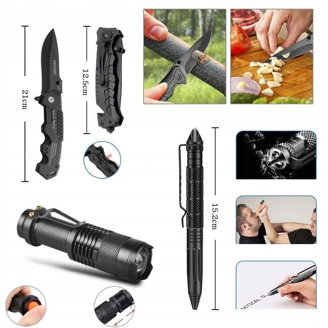 Karinis išgyvenimo rinkinys 32in1 survival komplektas su peiliu, krzesiuvu, kompasu ir žibintuvėliu stovyklavimui žvejybai medžioklei