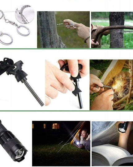 Karinis išgyvenimo rinkinys 32in1 survival komplektas su peiliu, krzesiuvu, kompasu ir žibintuvėliu stovyklavimui žvejybai medžioklei
