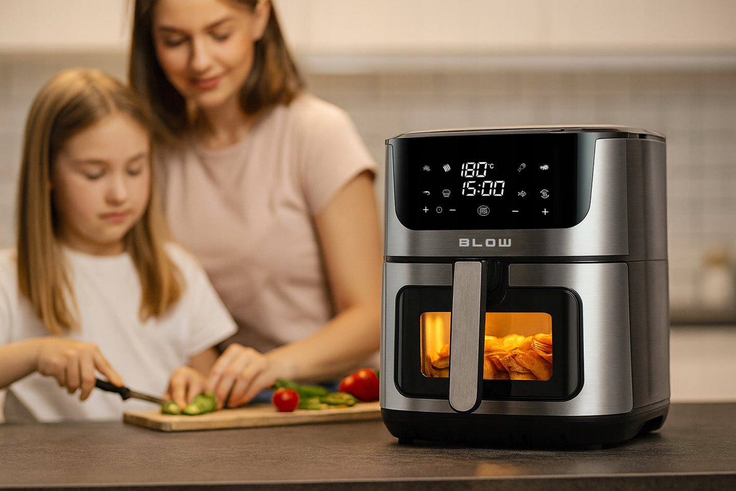 Karšto oro gruzdintuvė 8L su dviem kaitinimo elementais 2500W, be riebalų kepimui, su LCD ekranu ir 8 programomis