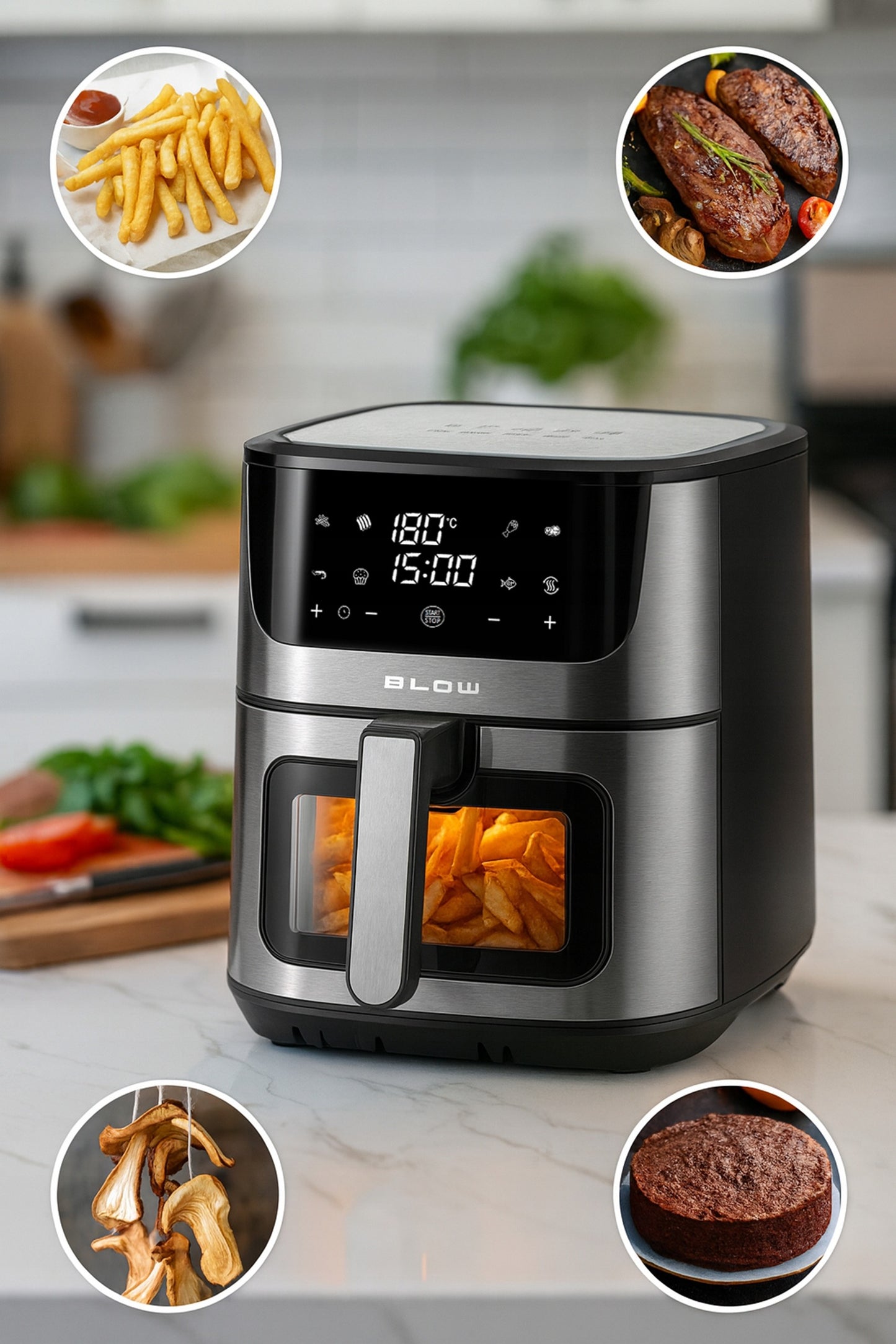 Karšto oro gruzdintuvė 8L su dviem kaitinimo elementais 2500W, be riebalų kepimui, su LCD ekranu ir 8 programomis