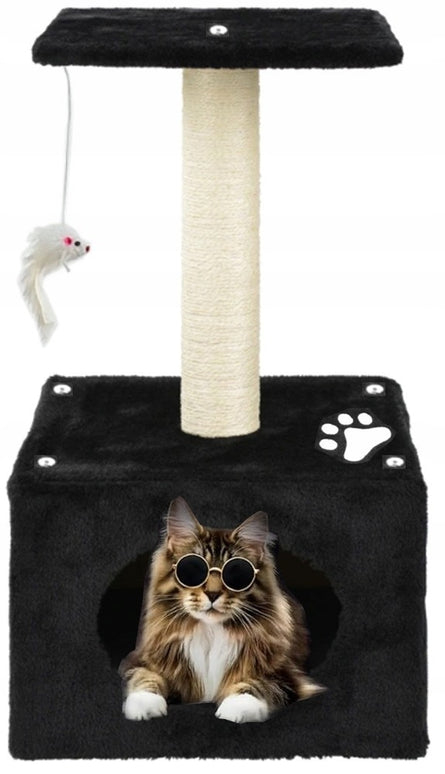 Katės draskyklė su nameliu ir guoliu, sisalio stulpais ir stebėjimo platforma – tvirta draskymo vieta katei