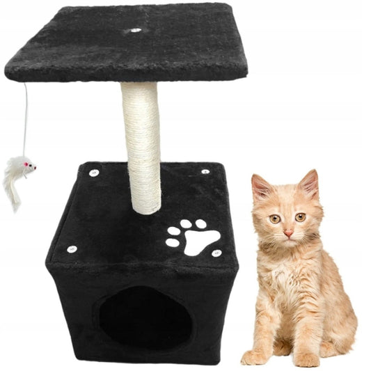 Katės draskyklė su nameliu ir guoliu, sisalio stulpais ir stebėjimo platforma – tvirta draskymo vieta katei