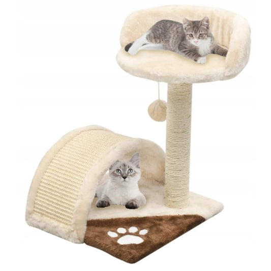 Katės draskyklė su nameliu ir guoliu, sisalio stulpais ir žaislu – tvirtas draskymo bokštas katei