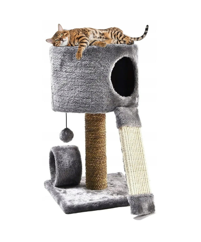 Katės draskyklė su nameliu ir guoliu, sisalio stulpais ir žaislu – stabilus draskymo bokštas