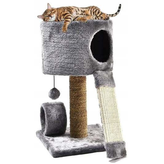 Katės draskyklė su nameliu ir guoliu, sisalio stulpais ir žaislu – stabilus draskymo bokštas