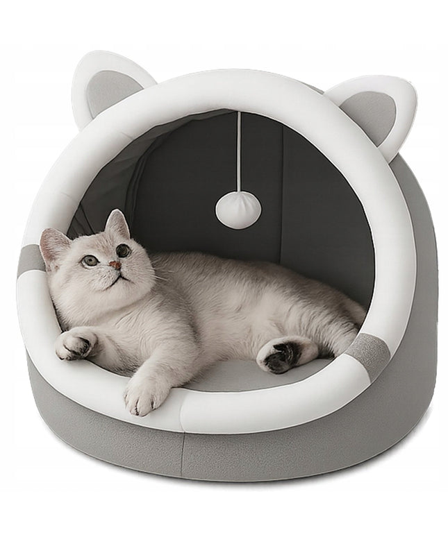 Minkštas apvalus katės namelis su pagalvėle – jaukus pliušinis guolis su ausytėmis ir pomponu