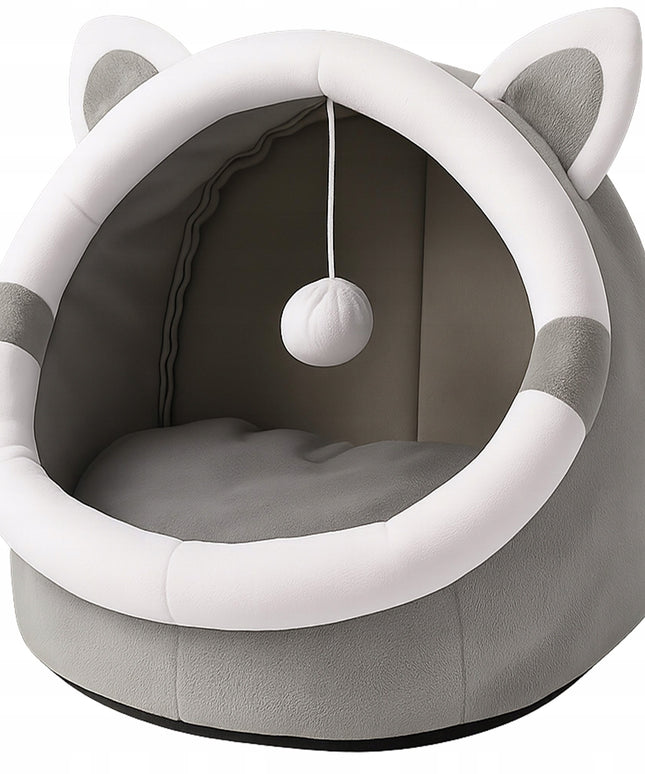 Minkštas apvalus katės namelis su pagalvėle – jaukus pliušinis guolis su ausytėmis ir pomponu