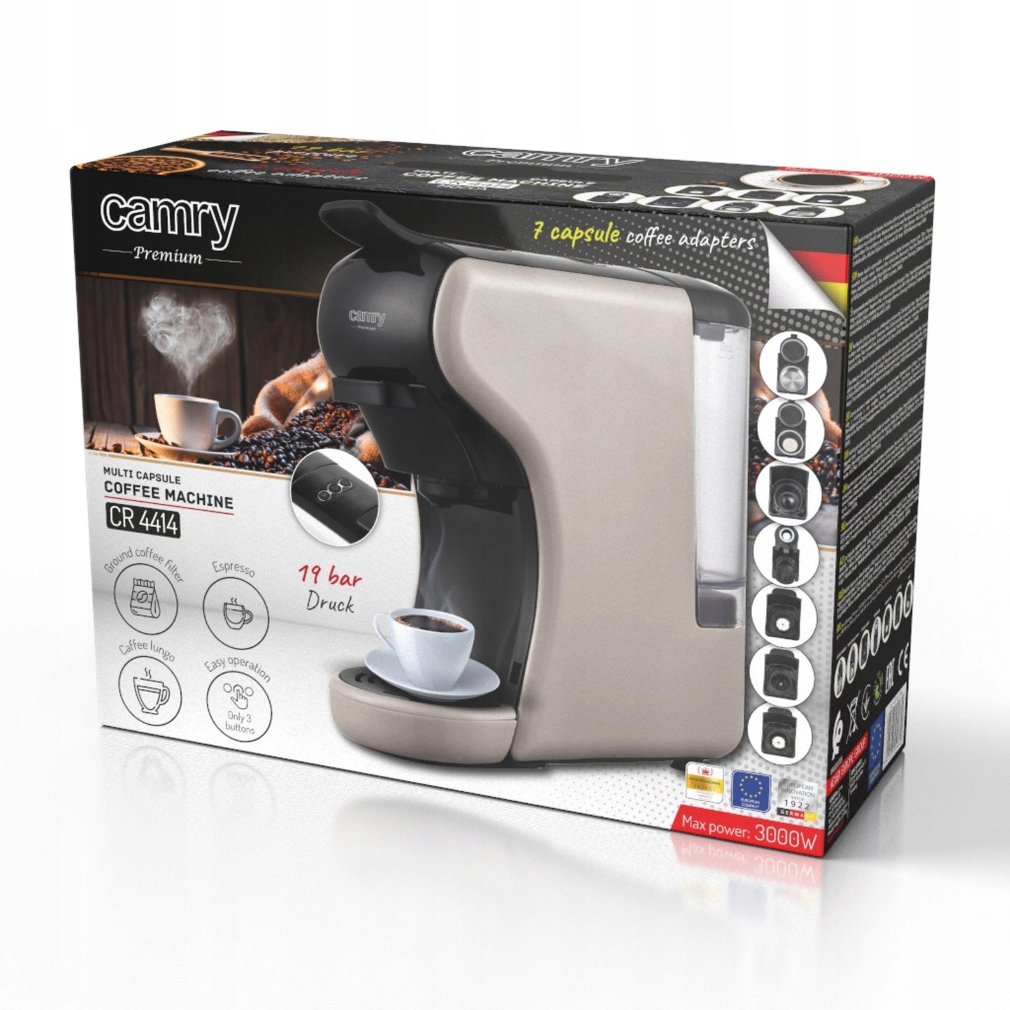 Daugiafunkcinė kavos kapsulių aparatas Camry CR4414BM – 11in1, 19 bar slėgis, 1450 W, suderinama su Nespresso, Dolce Gusto, Lavazza, Tchibo, Jacobs ir malta kava