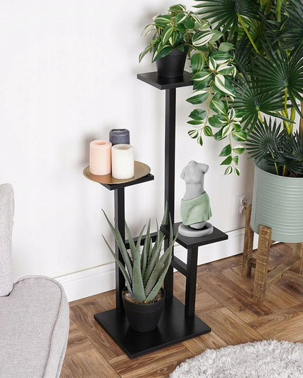 Keturių aukštų gėlių stovas su juodomis MDF lentynomis
