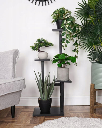 Keturių aukštų gėlių stovas su juodomis MDF lentynomis