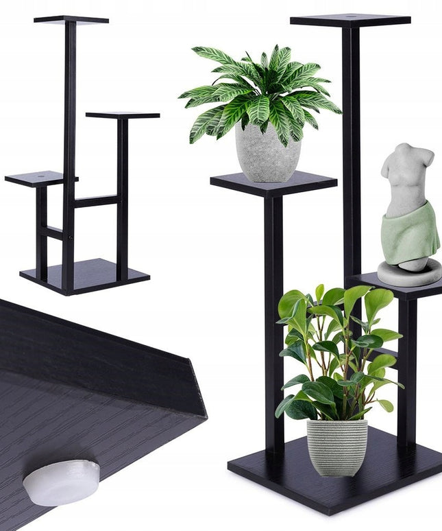 Keturių aukštų gėlių stovas su juodomis MDF lentynomis