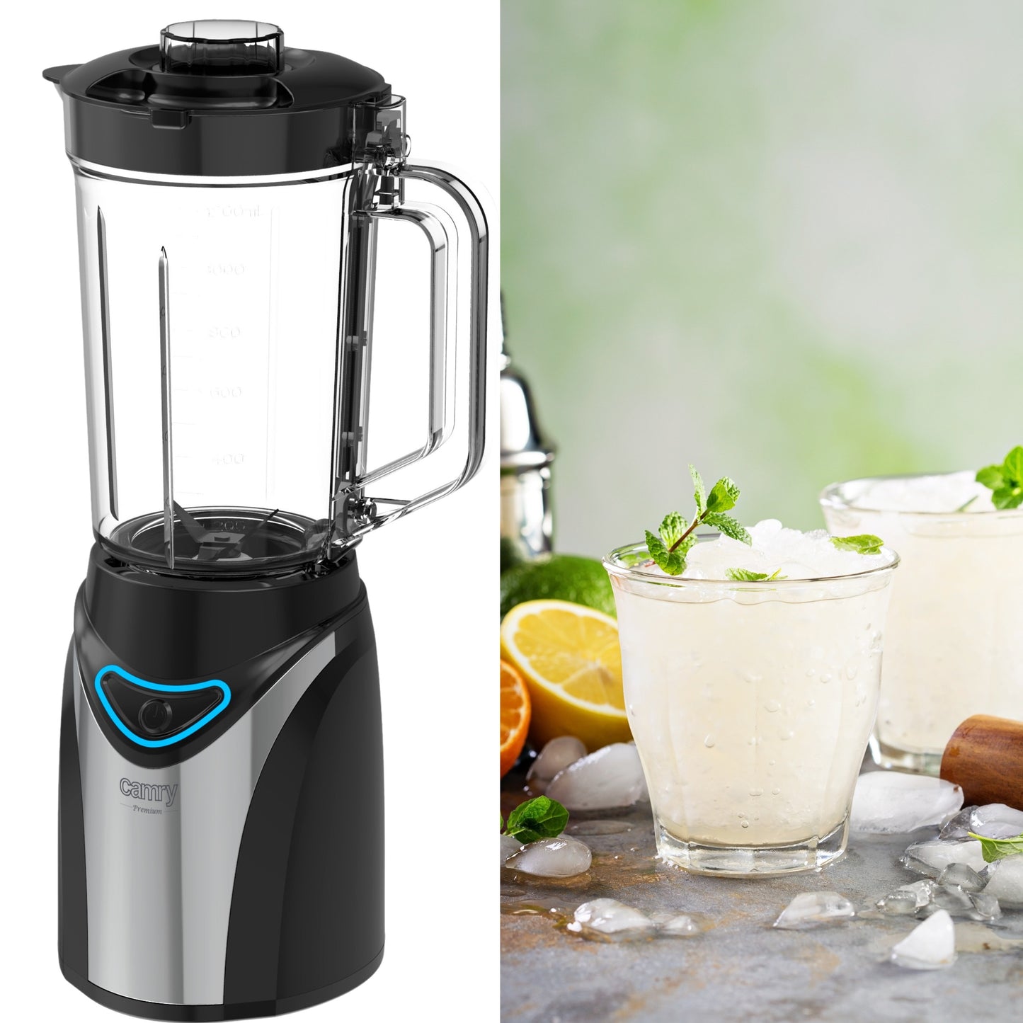 Kokteilių blenderis Camry CR4086 – 1300W, 1,2 L taurė + 3 gertuvės + smulkintuvas + sulčiaspaudė + aušinimo kasetė, trupina ledą