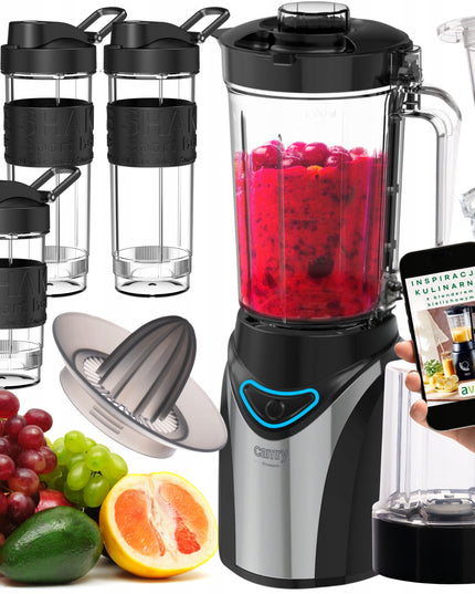 Kokteilių blenderis Camry CR4086 – 1300W, 1,2 L taurė + 3 gertuvės + smulkintuvas + sulčiaspaudė + aušinimo kasetė, trupina ledą