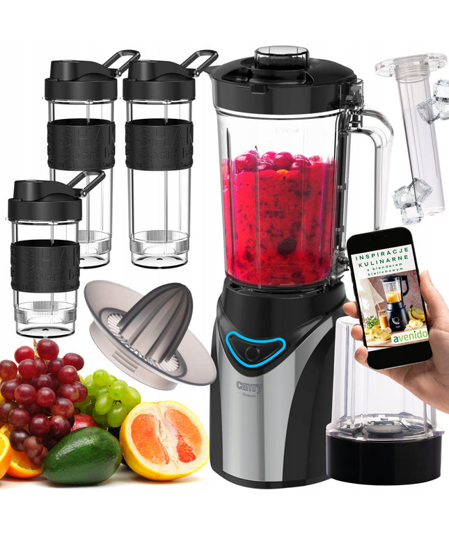 Kokteilių blenderis Camry CR4086 – 1300W, 1,2 L taurė + 3 gertuvės + smulkintuvas + sulčiaspaudė + aušinimo kasetė, trupina ledą