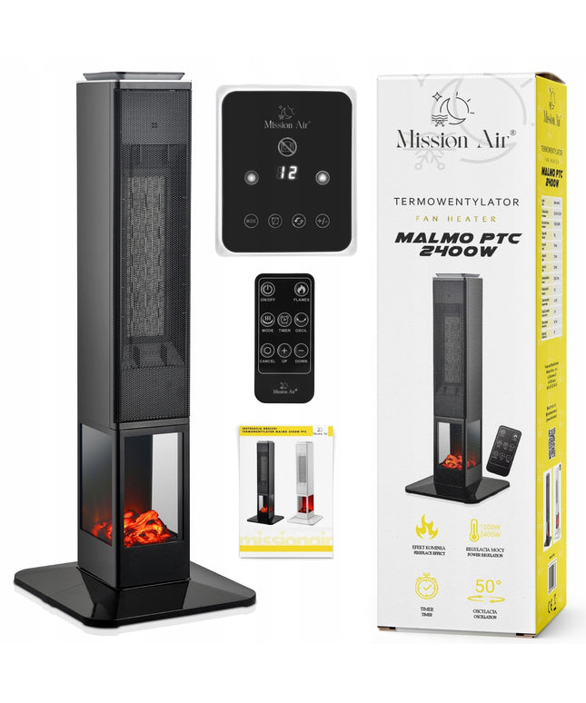 Koloninis ventiliatorinis šildytuvas su liepsnos efektu MALMO 2400W PTC, reguliuojamas termostatas, TIMER, nuotolinis valdymas