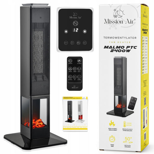 Koloninis ventiliatorinis šildytuvas su liepsnos efektu MALMO 2400W PTC, reguliuojamas termostatas, TIMER, nuotolinis valdymas