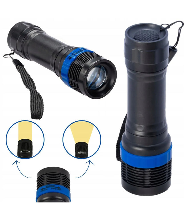 Kompaktiškas taktinis kišeninis žibintuvėlis su ZOOM funkcija, LED SMD diodu ir lęšiu